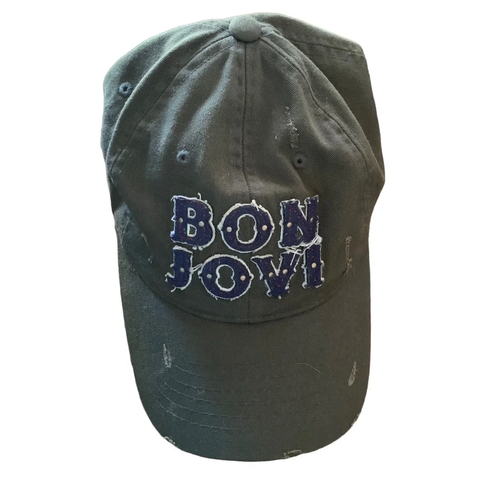 Bon Jovi 83 Army Green Navy Distressed Ball Cap - Picture 2 of 5